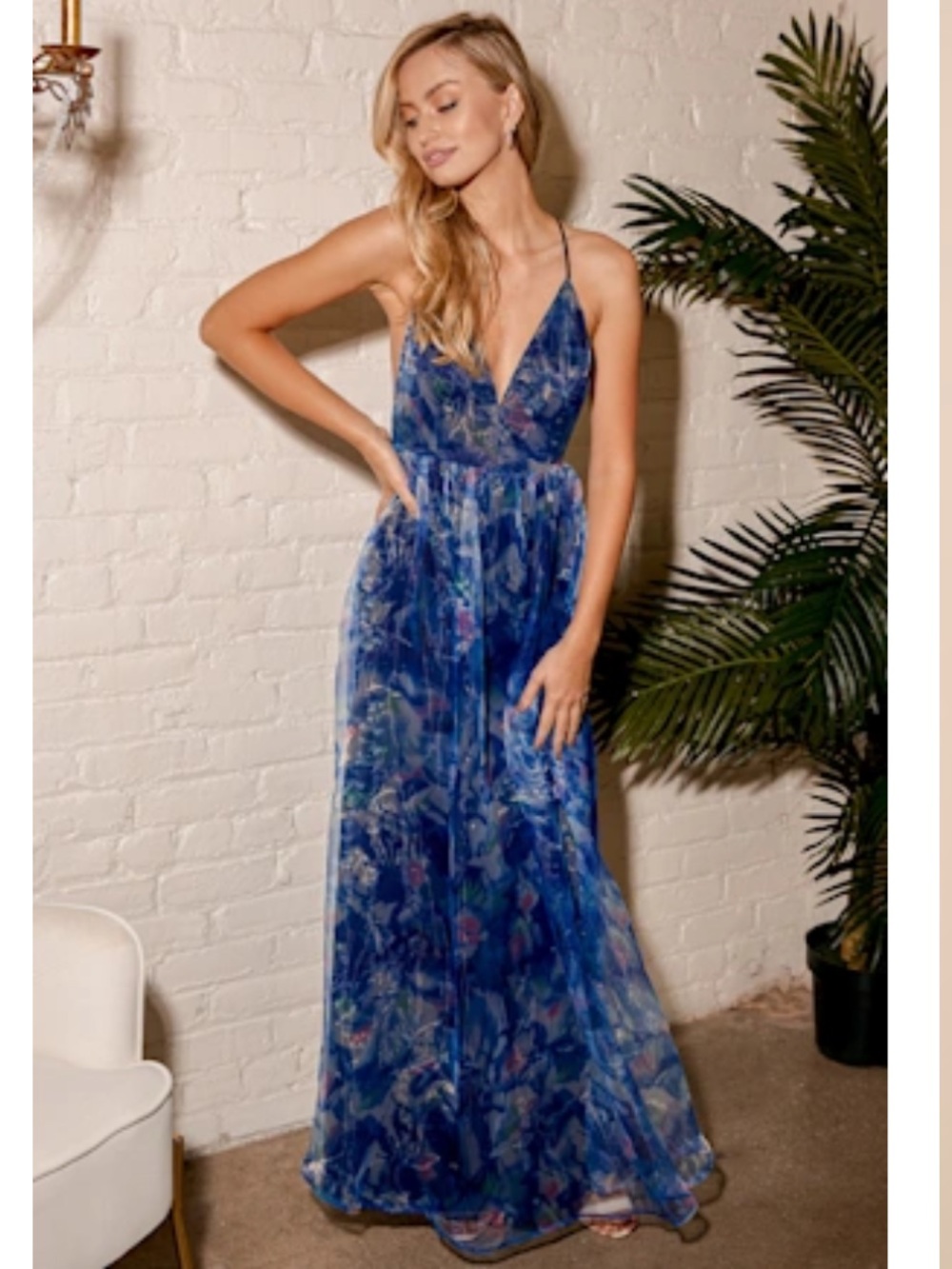 Lulu's Midnight Blue Floral Spaghetti-Strap Maxi Dress